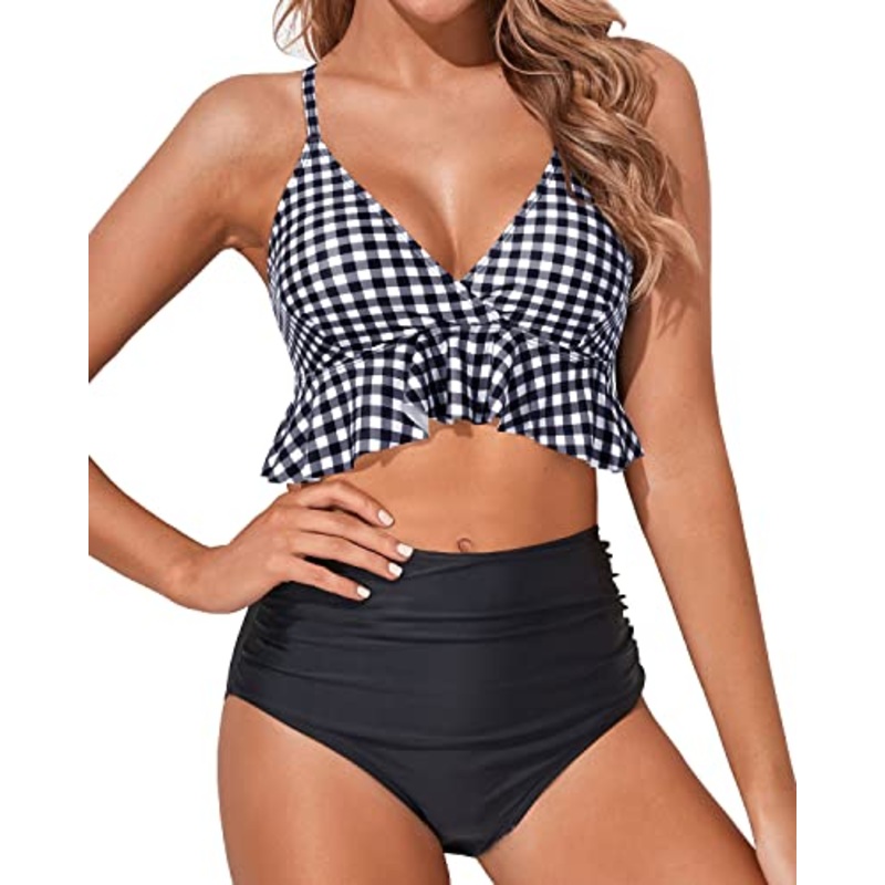 Ruffle High Waisted Bikini Ruched Tummy Control Two Piece Swimsuits-Black And White Checkered