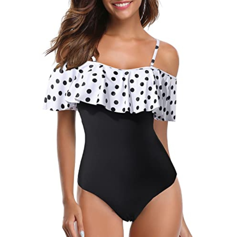 Ruffled Flounce One Piece Swimsuit Off Shoulder Retro Swimwear-White Black Polka Dots
