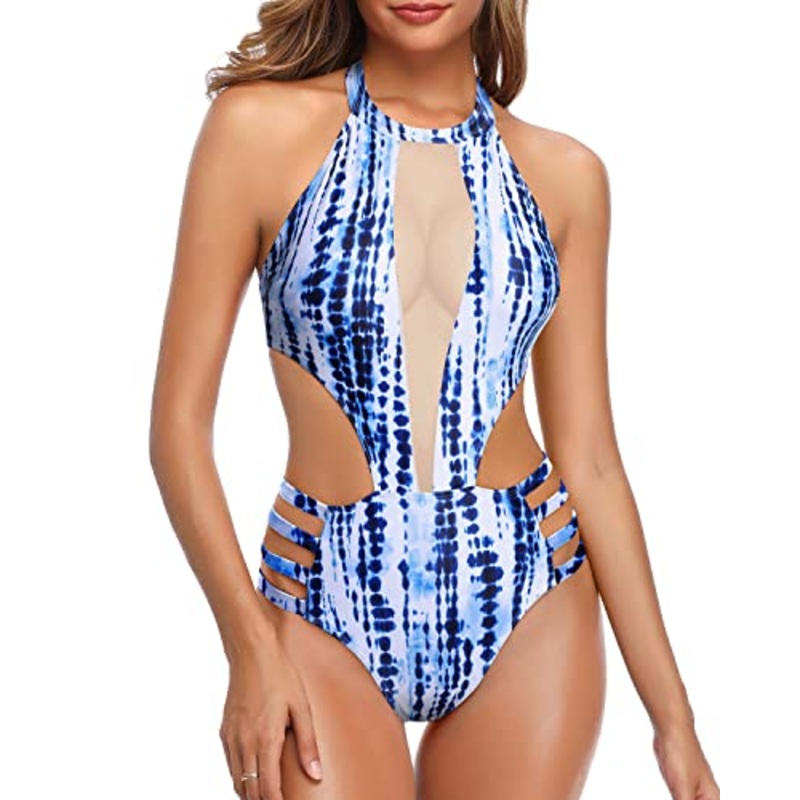 Sexy Backless High Neck Backless One Piece Swimsuit-Blue Tie Dye