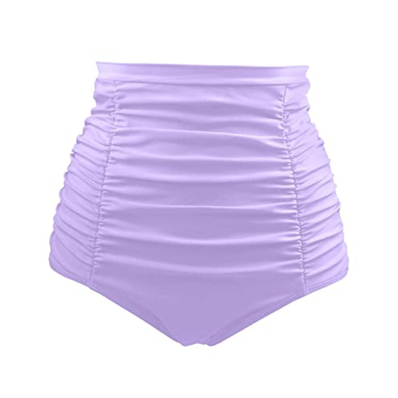 Sexy High Waisted Bikini Bottom Tummy Control Ruched Swim Shorts-Light Purple