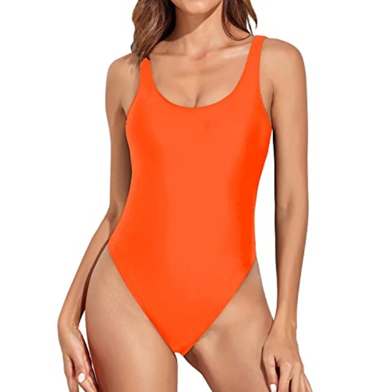 Sexy High Waisted High Leg One Piece Swimsuit-Neon Orange