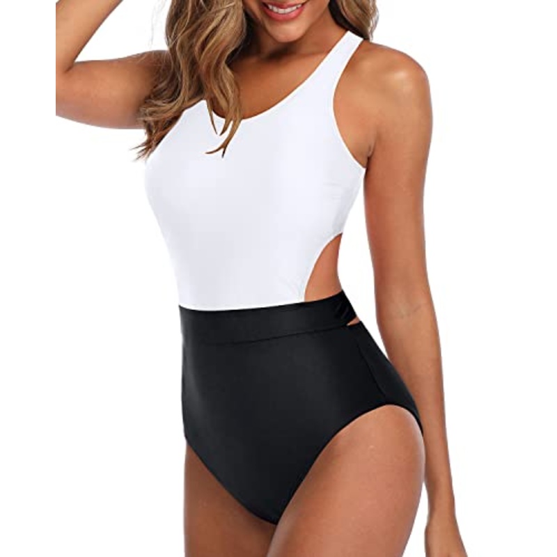 Side Cut Out One Piece Tummy Control Cutout Swimsuits For Teen Girls-White And Black