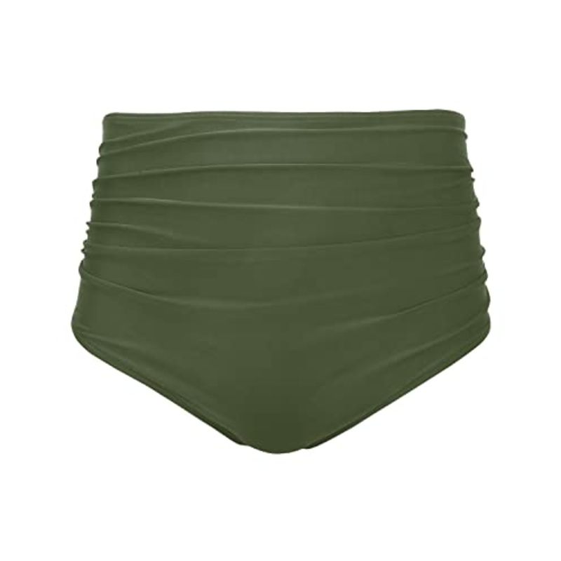 Slimming High Waisted Bikini Bottom Shirred Tankinis Brief-Army Green