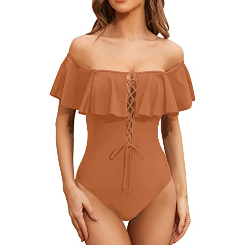 Slimming Longer Torso One Piece Lace Up Ruffled Swimsuit For Women-Brown