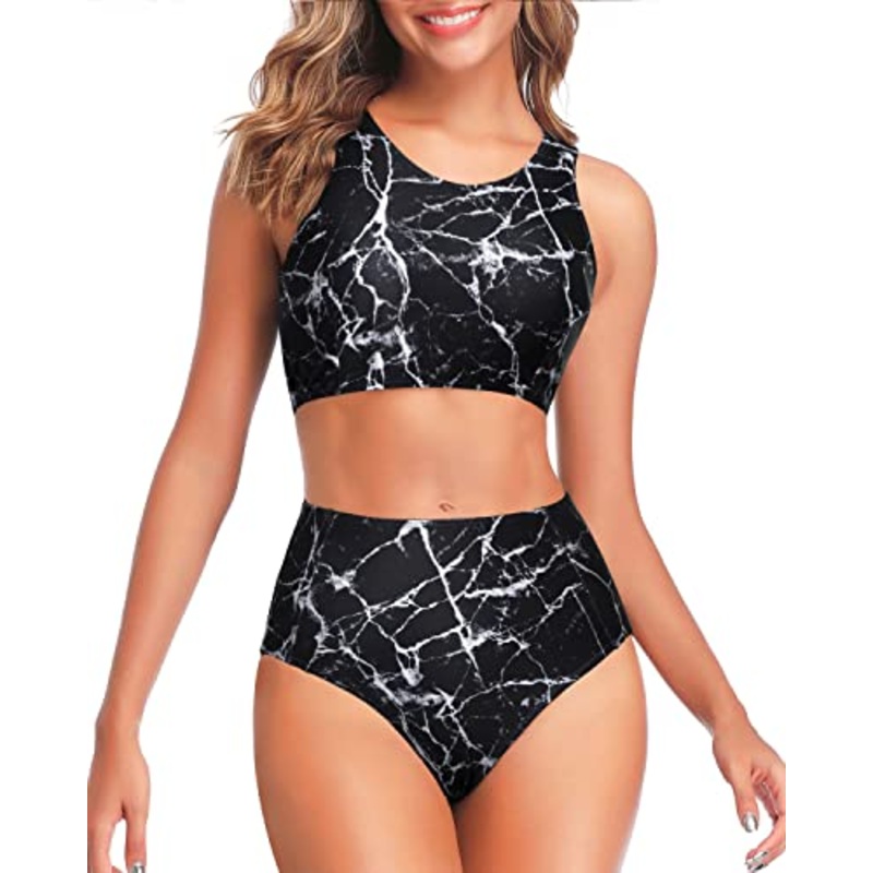 Sporty High Waisted Two Piece Bikini Swimsuits-Black Marble