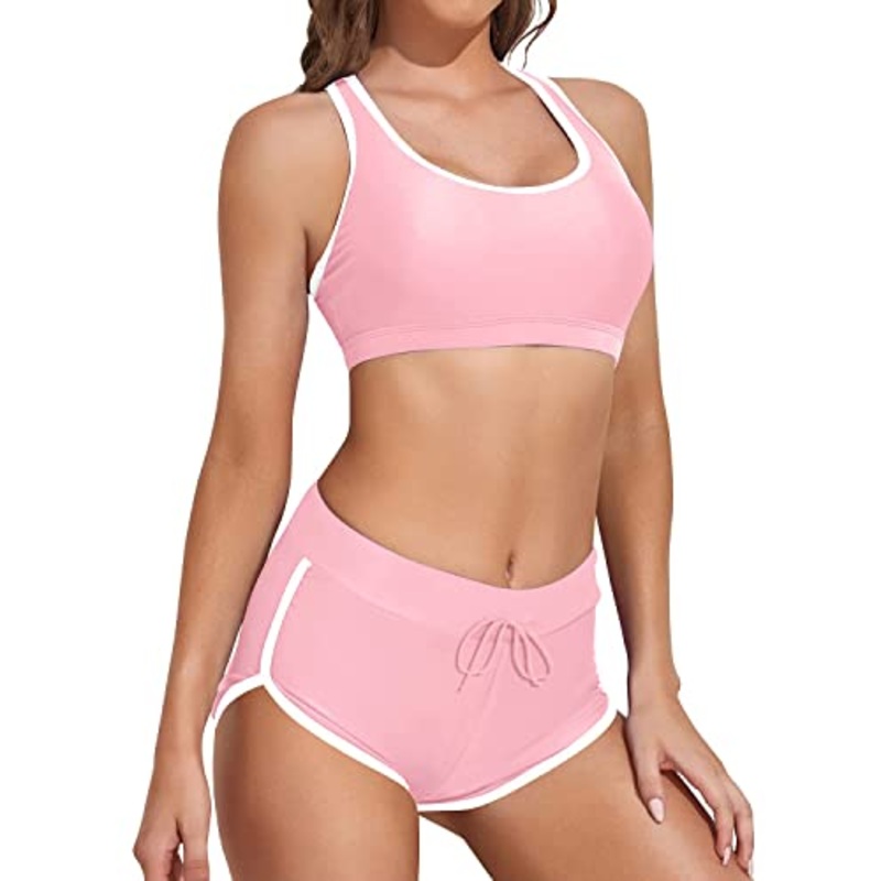 Sporty Women's Bikini Set Racerback Crop Top And Shorts-Pink White