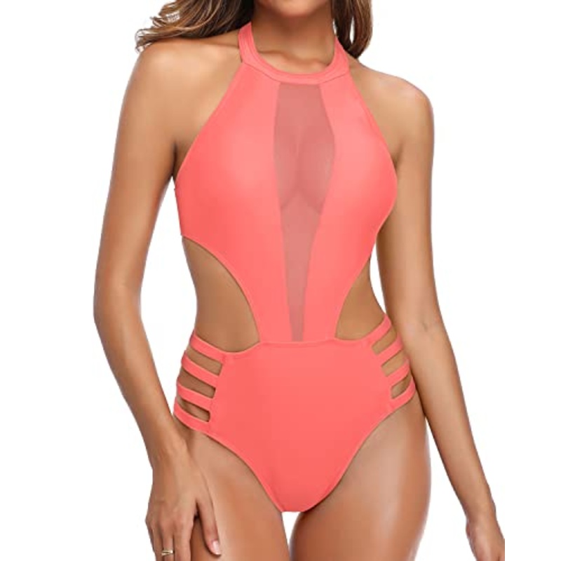 Strap Cutout Monokini High Neck One Piece Swimsuit-Coral Pink