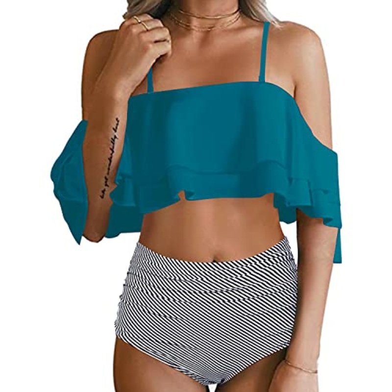 Stunning High Waisted Ruffle Bikini Set Tummy Control-Green Striped