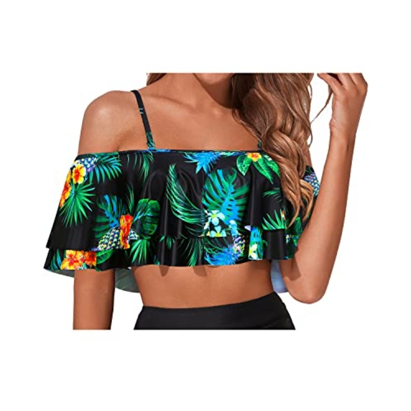 Stylish Removable Flounce Swimsuit Top For Women-Black Pineapple