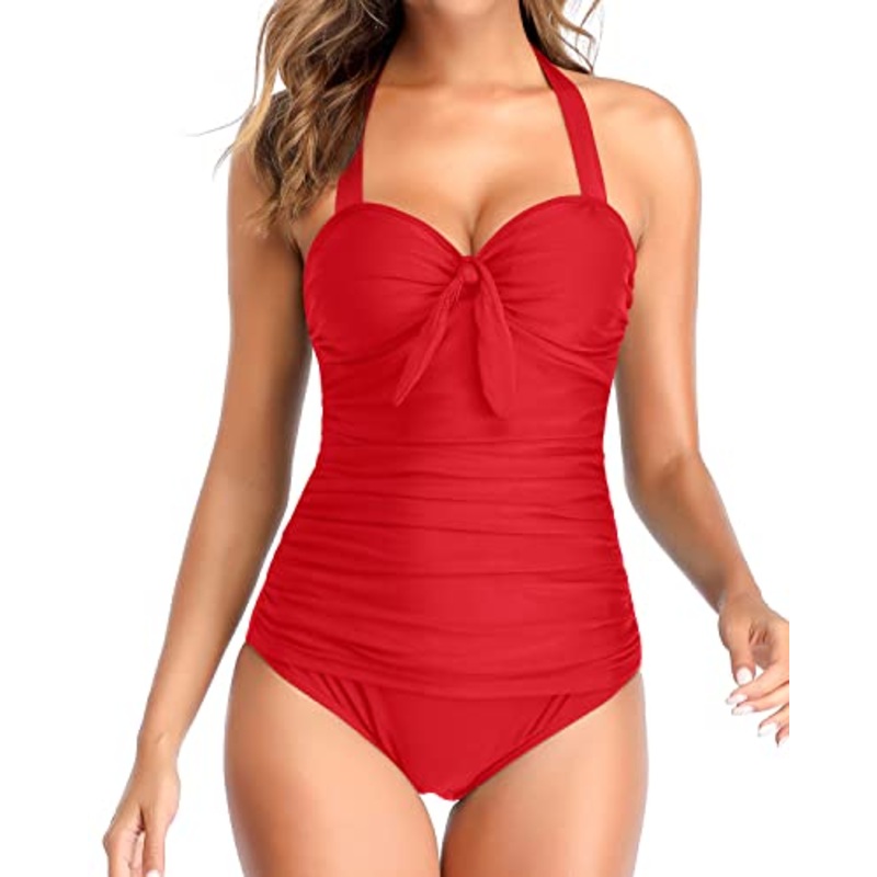 Stylish Tummy Control Swimsuits Halter Ruched One Piece for Women