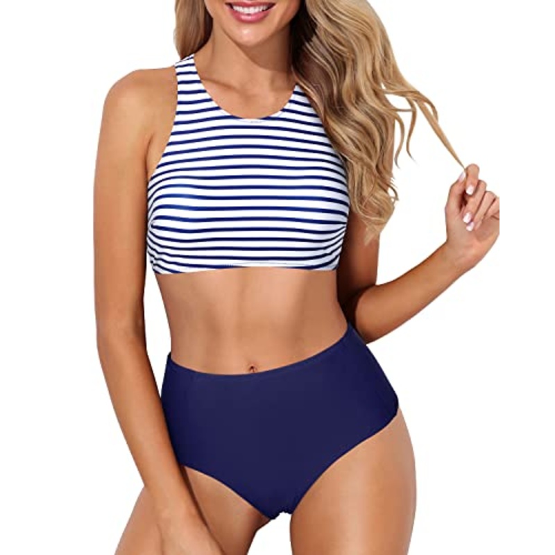 Tank Style High Neck Racerback Two Piece Bikini Set-Blue White Stripe