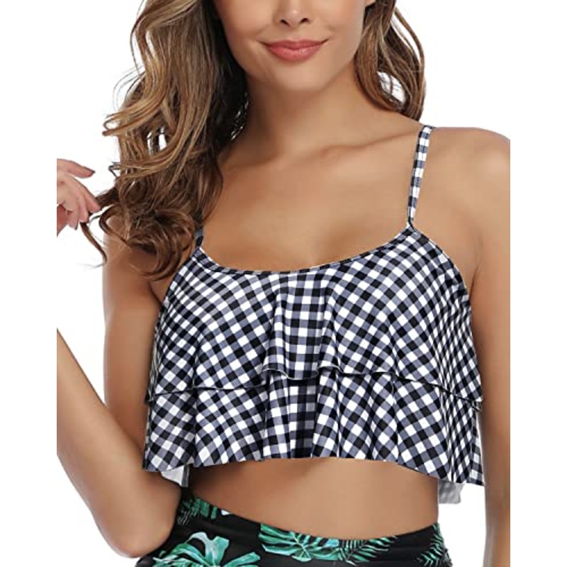 Tiered Flowy Ruffles Women Flounce Swimsuit Top-Black And White Checkered