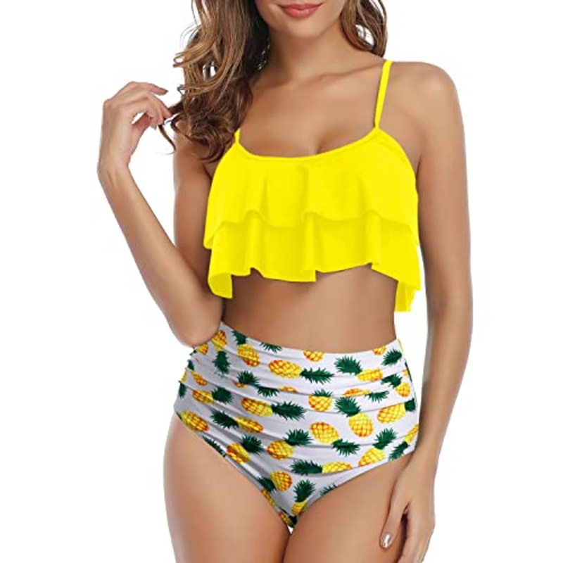 Trendy High Waisted Ruffle Ruched Women's Bikini Set-Yellow Pineapple