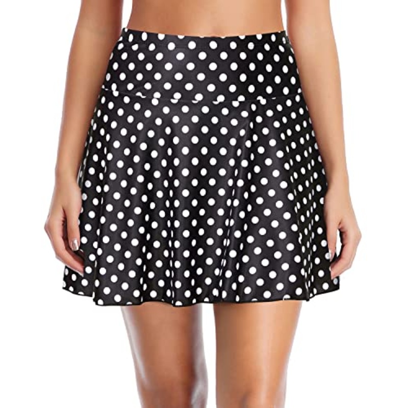 Triangle Brief Long Skirted Swimsuit Bottom-Black Dot