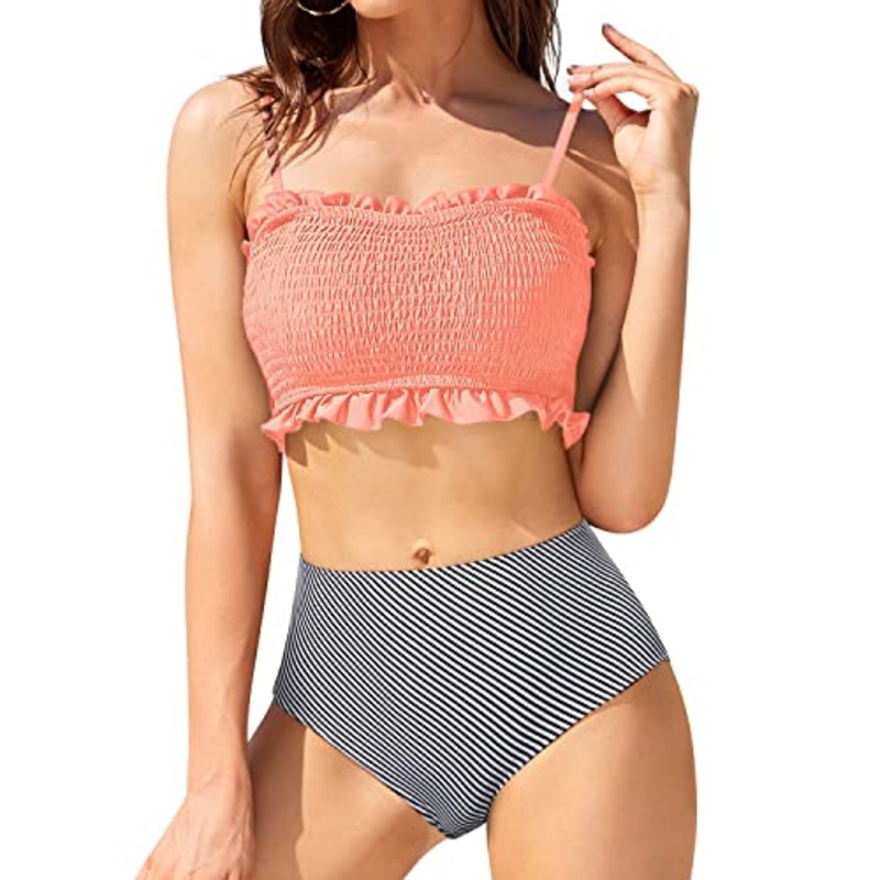 Tropical Vacation Two Piece Bikini Set Ruffled Bikini-Coral Pink Stripe