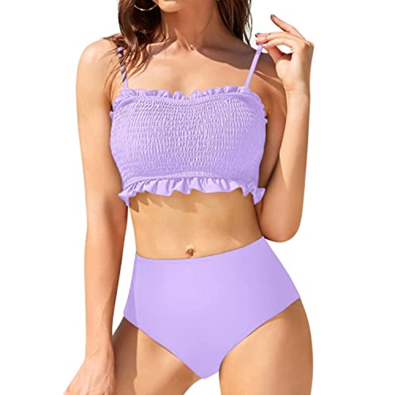 Tummy Control High Cut Bikini Bottom And Ruffled Bikini-Light Purple
