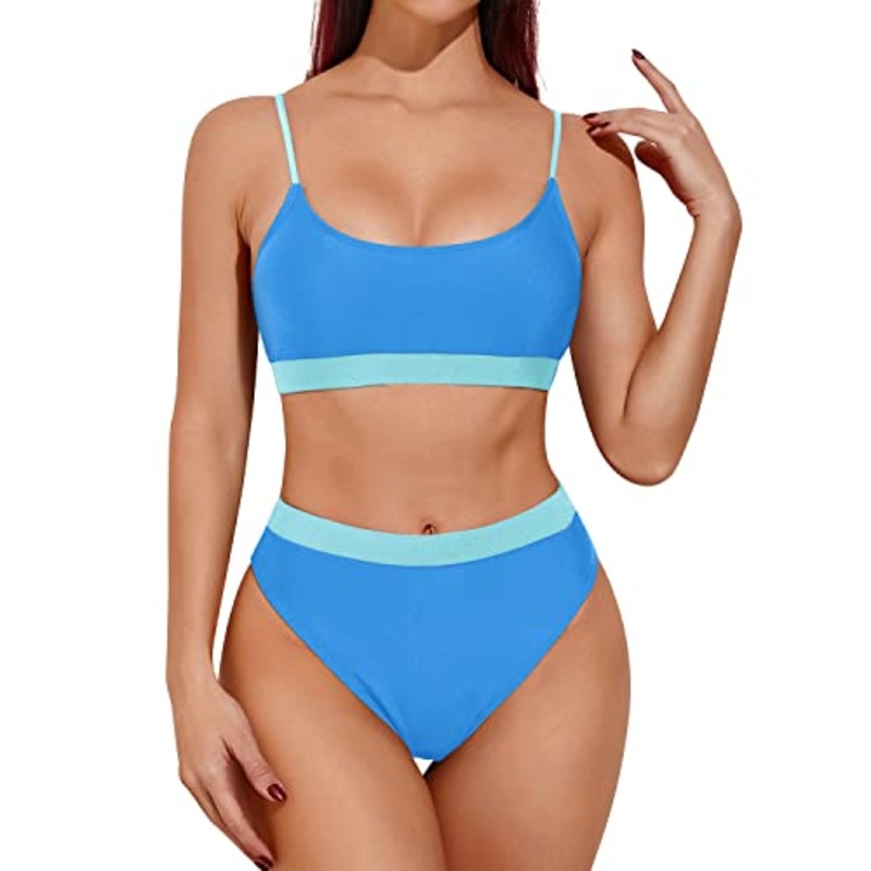 Tummy Control & Slimming High Waisted Bikini Sporty Scoop Neck Swimsuits-Light Blue And Light Green