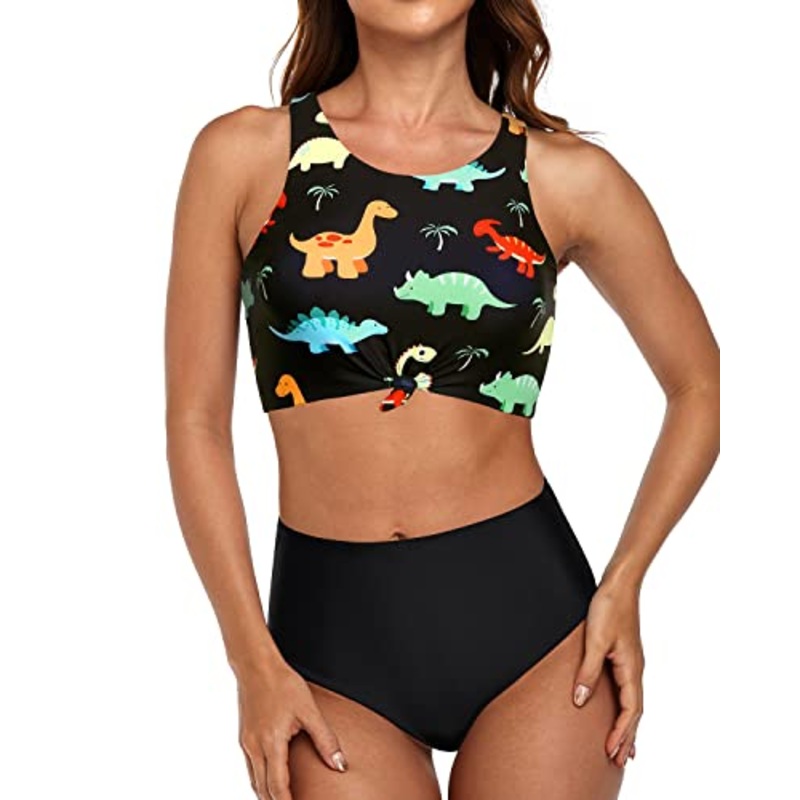 Tummy Control Swimsuits Sporty Two Piece Swimsuits-Black Dinosaur