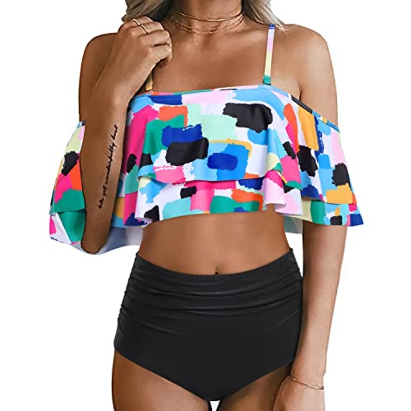 Two Piece Elegant Off Shoulder High Waisted Ruffle Bikini Set-Aqua