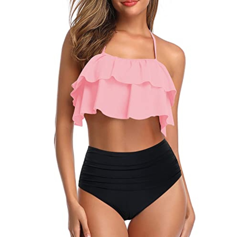 Two Piece Halter Swimsuits High Waisted Bikini Set-Pink And Black