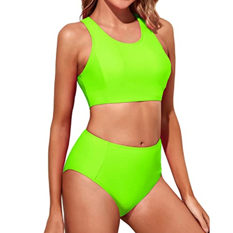 Two Piece High Waisted Bikini Set Full Coverage Bottom For Women-Neon Green