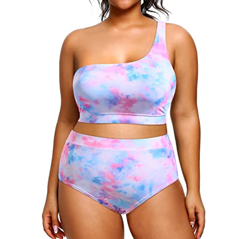 Two Piece One Shoulder High Waisted Plus Size Women's Bikini Swimsuit