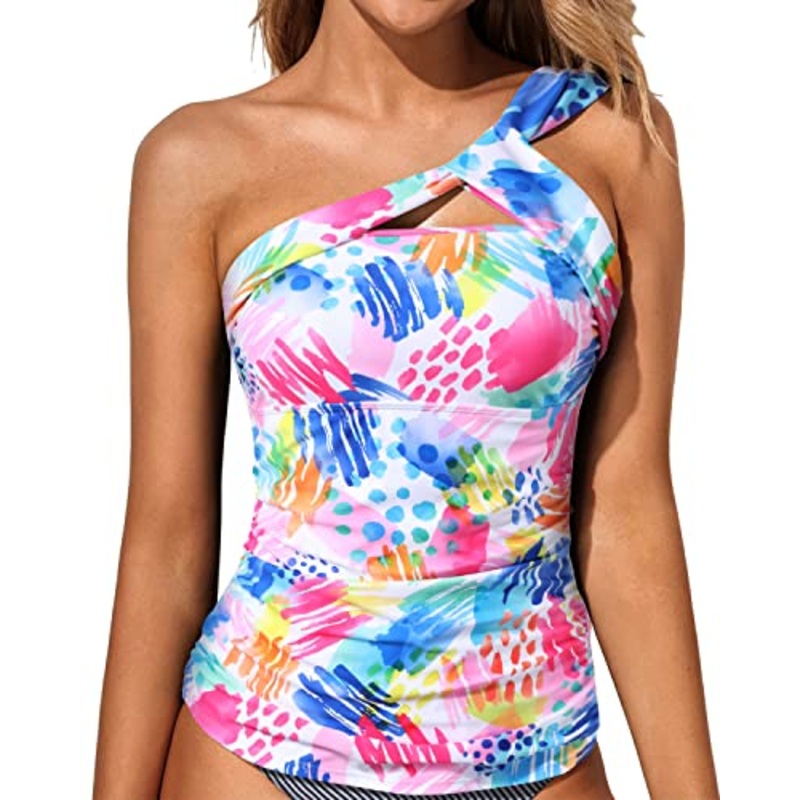 Versatile Asymmetric Cut Tankini Top Removable Pads Swim Tops-Colorblock