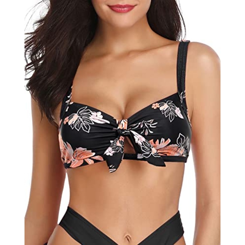 Vibrant & Stylish Ruffle Flounce Swimsuit Top-Black Orange Floral