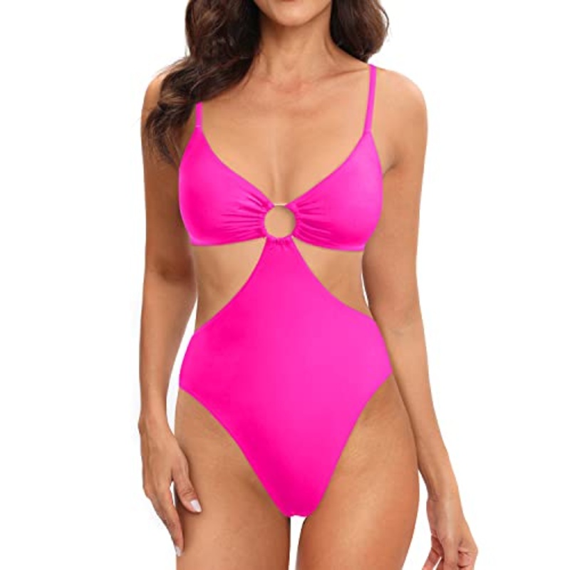 Women One Piece High Neck Halter Cutout Monokini Swimwear-Neon Pink