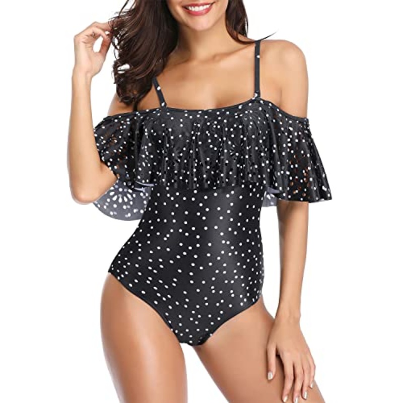 Women One Piece Off Shoulder Lace Swimsuits-Black White Dot