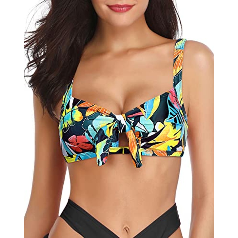 Women Ruffle Flounce Bikini Solid Swimsuit Top Bathing Suit-Black Leaves