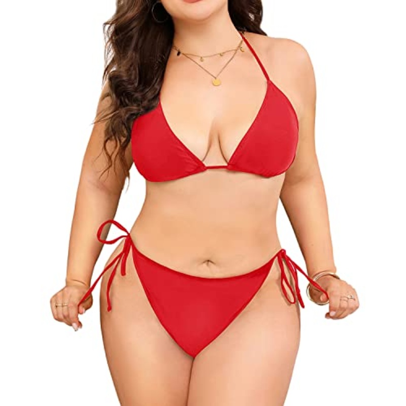 Women's Charming Halter Plus Size String Triangle Bikini-Red