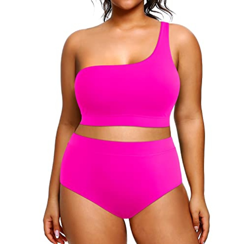 Women's Plus Size High Waisted One Shoulder Two Piece Bikini Swimsuit
