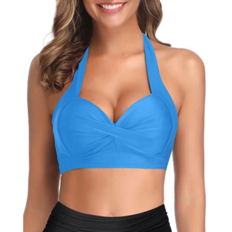 Women's Retro Bathing Suit Tops Halter Push Up Swim Tops
