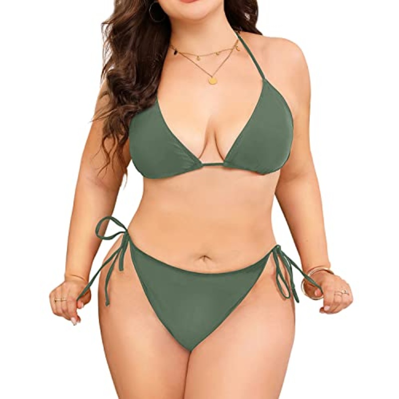 Women's Sexy Mid-Waist Plus Size String Triangle Bikini-Olive Green