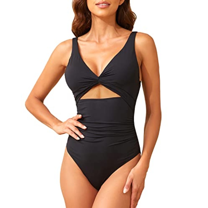 Cutout V Neck One Piece Swimsuits for Women Tummy Control Ruched Swimwear