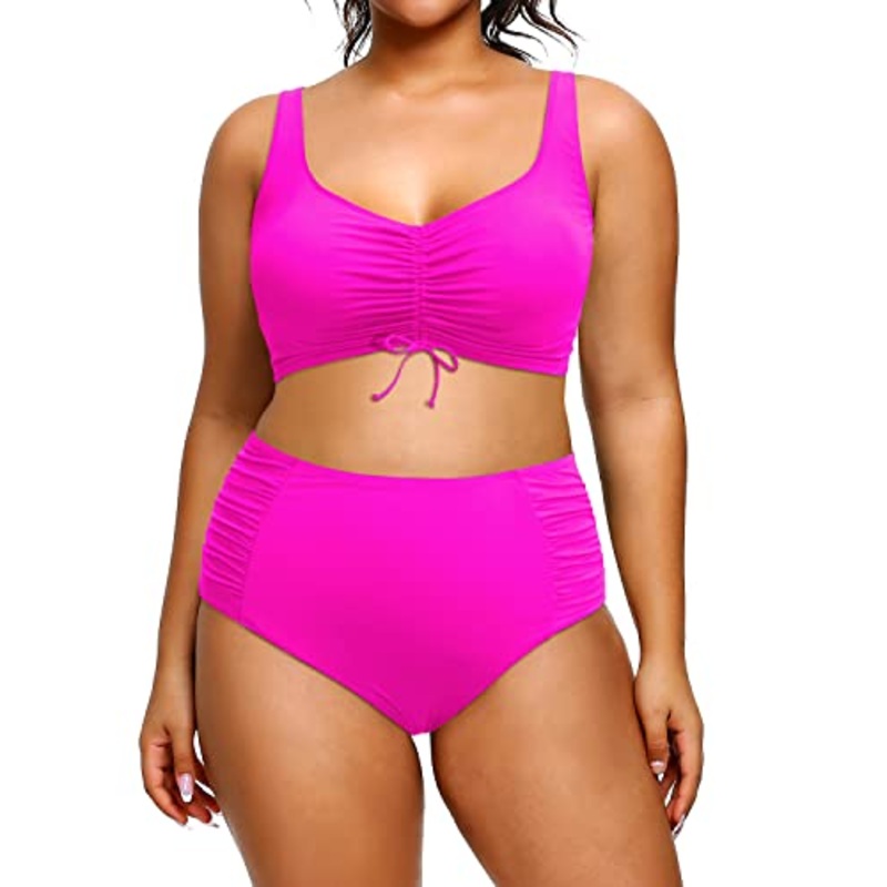 Drawstring Closure Two Piece Vintage Swimwear for Women Plus Size High Waist Bikini