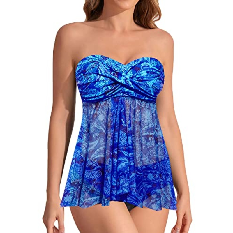 Flattering Flyaway Tankini Women's Two Piece Bathing Suits with Halter Bandeau Top