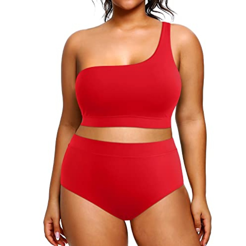 High Waisted One Shoulder 2 Piece Swimsuits Plus Size Bikini
