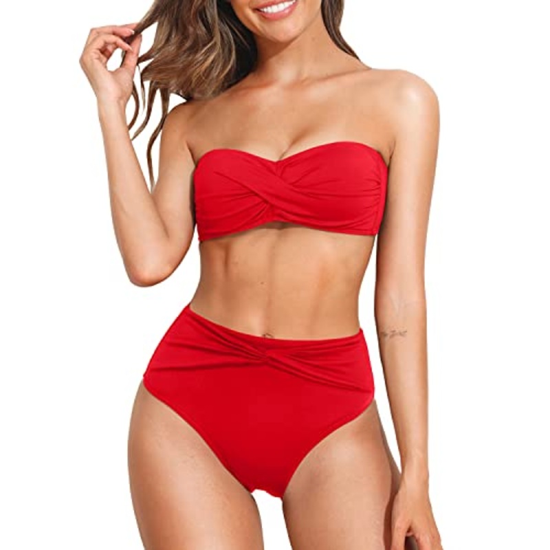 High Waisted Strapless Bikini Set Twist Bandeau Two Piece Swimsuit for Women