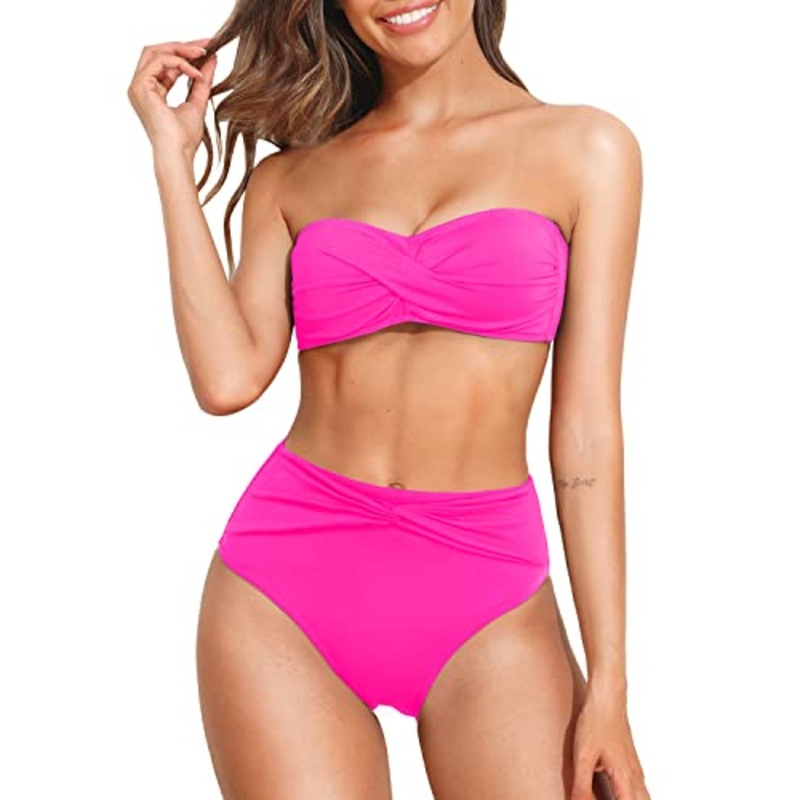 High Waisted Strapless Bikini Set Vintage Two Piece Swimsuit for Women