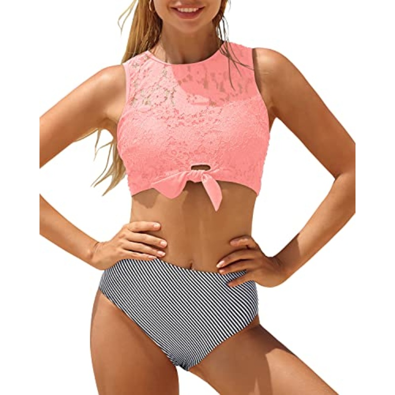 Lace-Up High Waisted Bikini Women's Two Piece Swimsuit with Tie Knot Front