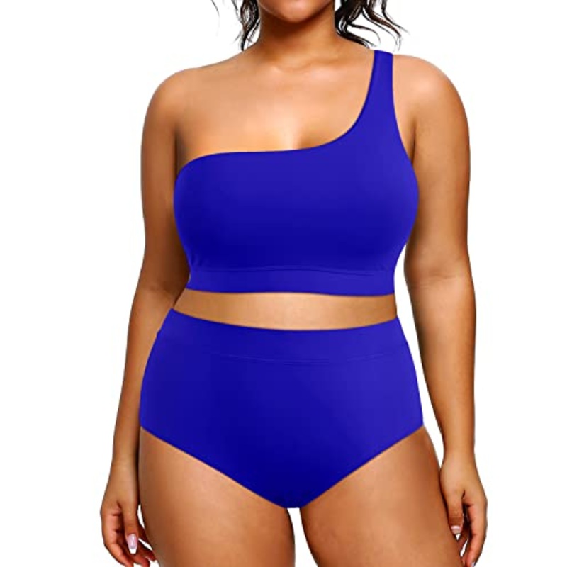 One Shoulder High Waisted Plus Size 2 Piece Swimsuits Bikini