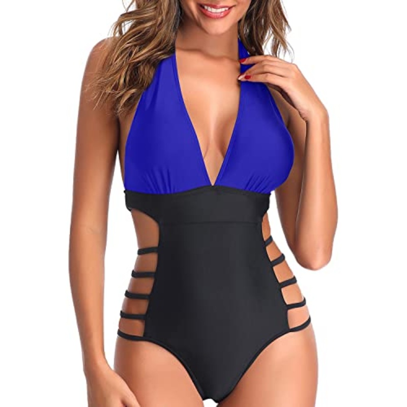 Plunge V Neck One Piece Swimsuits for Women High Leg Cutout Swimwear
