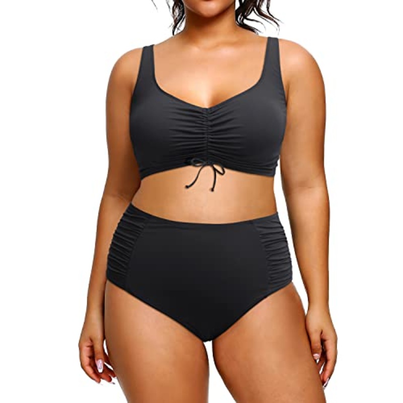 Plus Size High Waisted Bikini Sets Vintage Drawstring Two Piece Swimsuit for Women