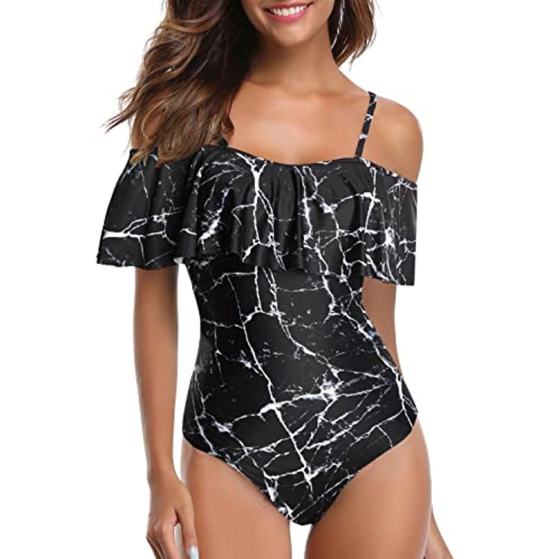 Retro Off Shoulder One Piece Swimsuit for Women Ruffle Tummy Control Bathing Suit