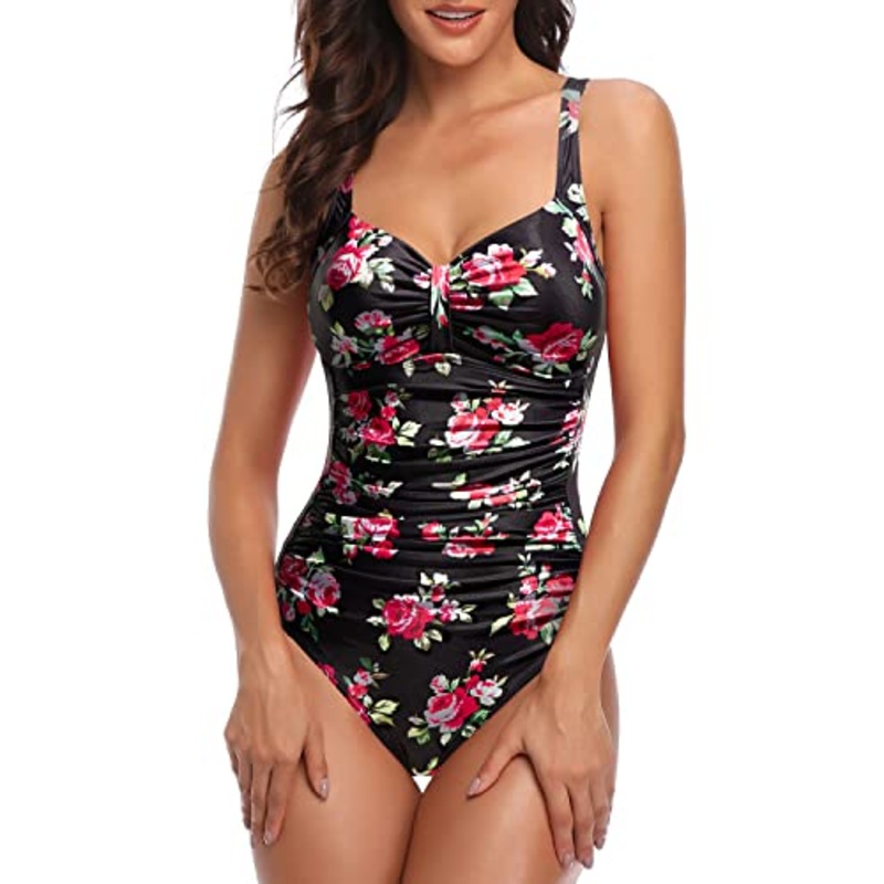 Slimming Vintage One Piece Swimsuits Women's Tummy Control Ruched Bathing Suits