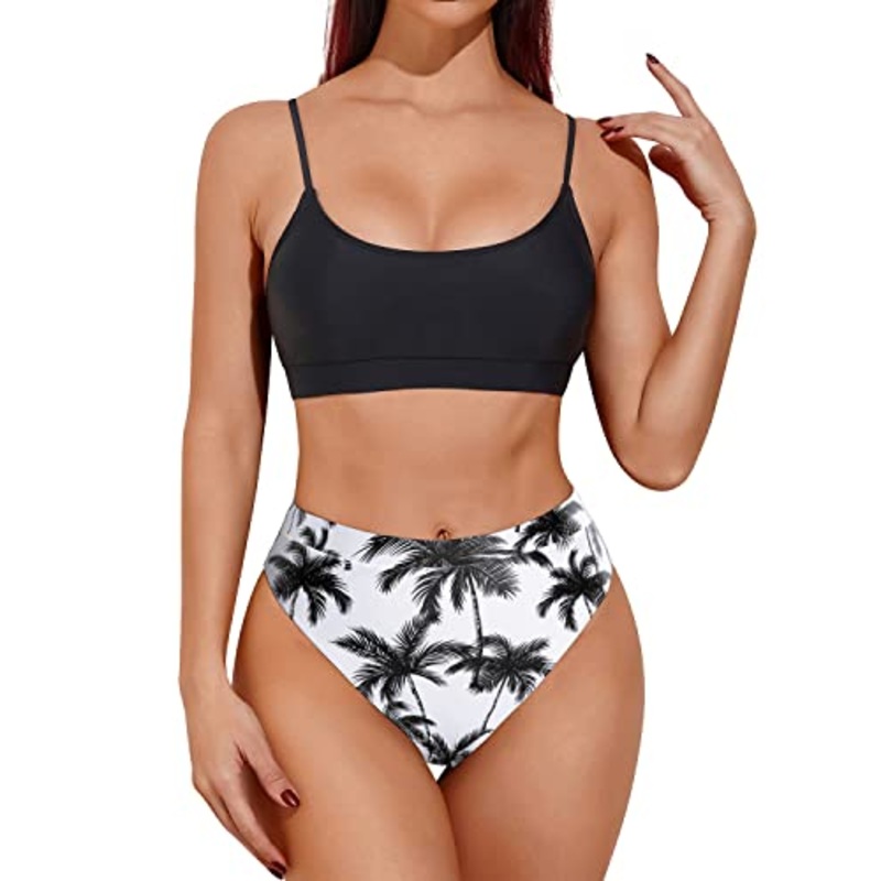 Sporty Scoop Neck Bikini Women's Two Piece High Waisted Swimsuits