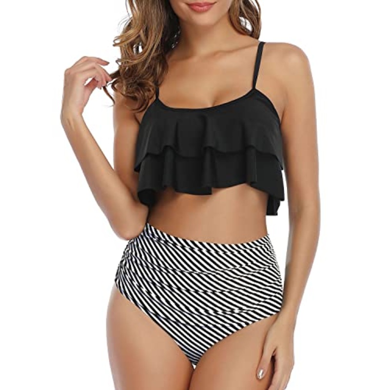 Stylish Ruched Bathing Suit Ruffle High Waisted Swimsuit for Women's Two Piece Bikini