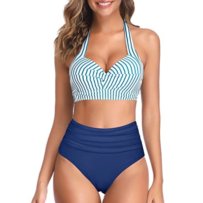 Stylish Vintage Swimwear Retro Halter High Waist Bikini for Women's Two Piece Swimsuit